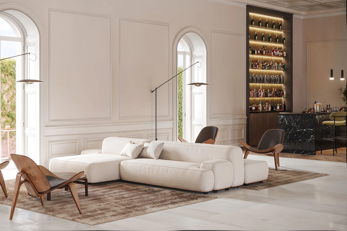 Salon with a white sofa, bentwood chairs and arched windows, at Palacete Mateus Silveira.