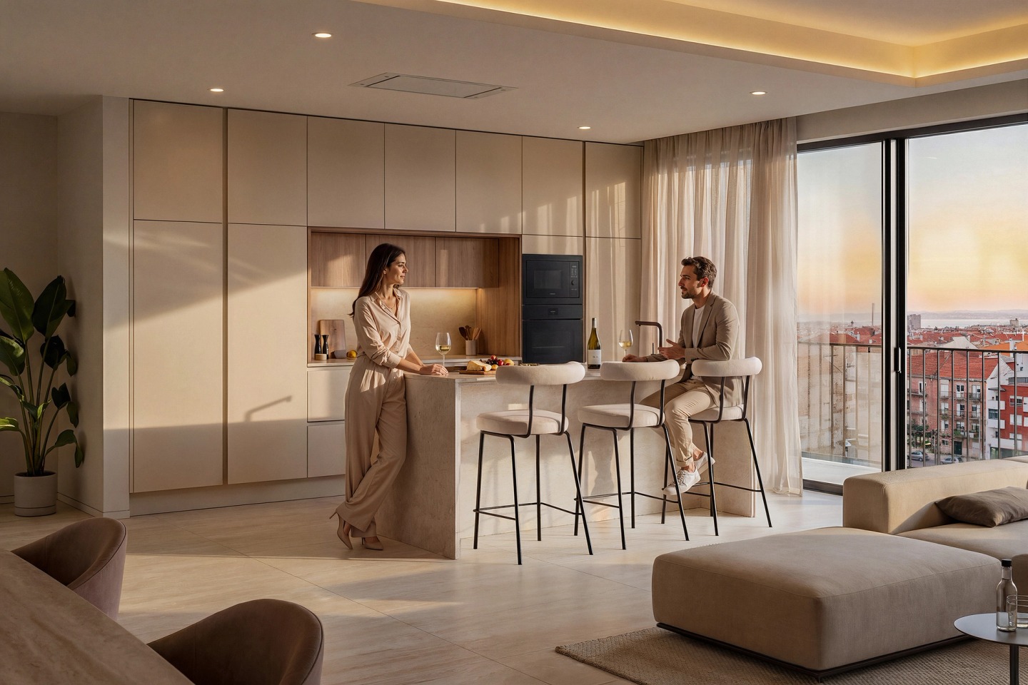 Couple in a kitchen with an island and tall stools, with a balcony and city view at sunset.