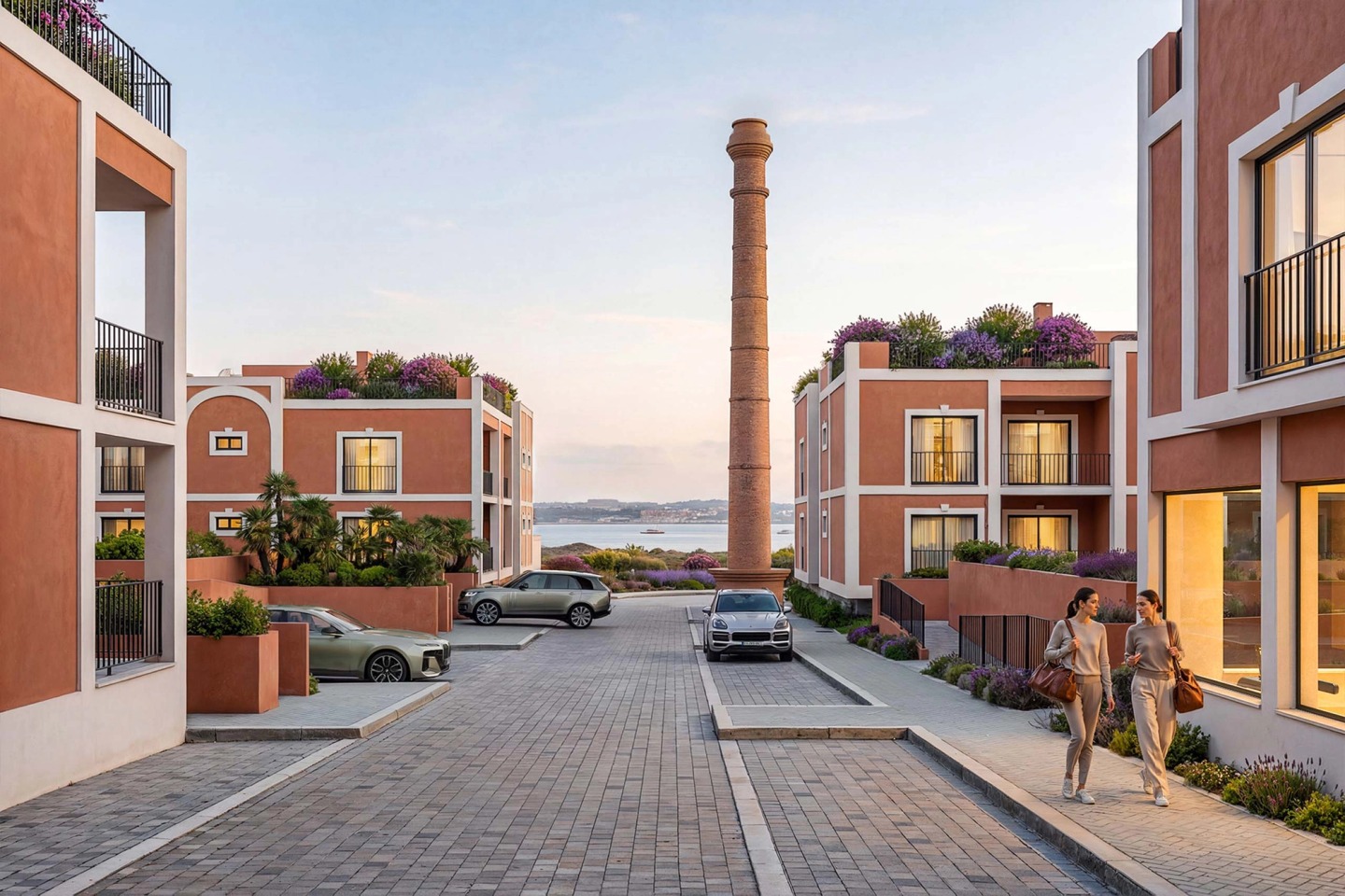 Inner street at Ferragudo Hills with a preserved industrial chimney and the river beyond.