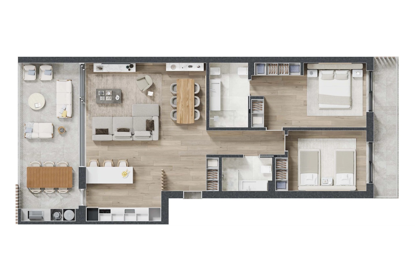 Furnished floor plan of a two-bedroom Oásis apartment, with living room, kitchen and balcony.