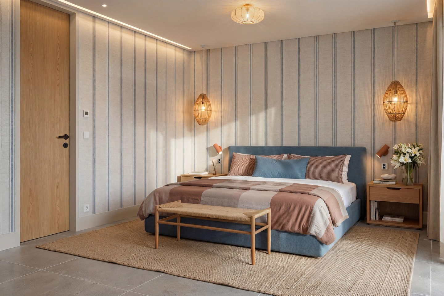 Bedroom with striped wallpaper, a blue upholstered bed and natural-fibre pendant lamps.