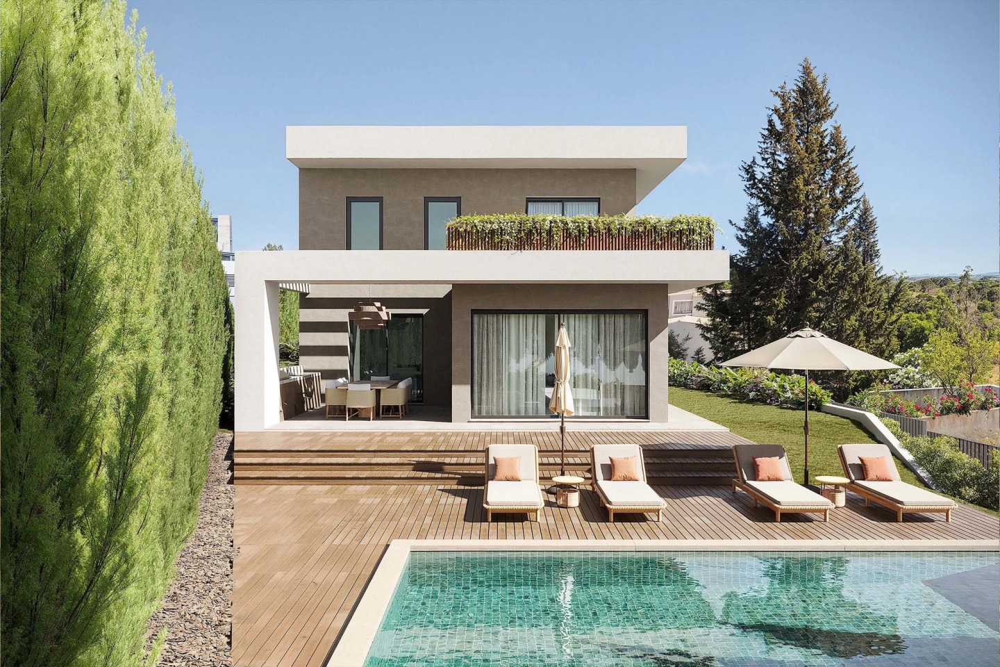 A Pearl Villas house with a pool, timber deck and sun loungers, between tall hedges.