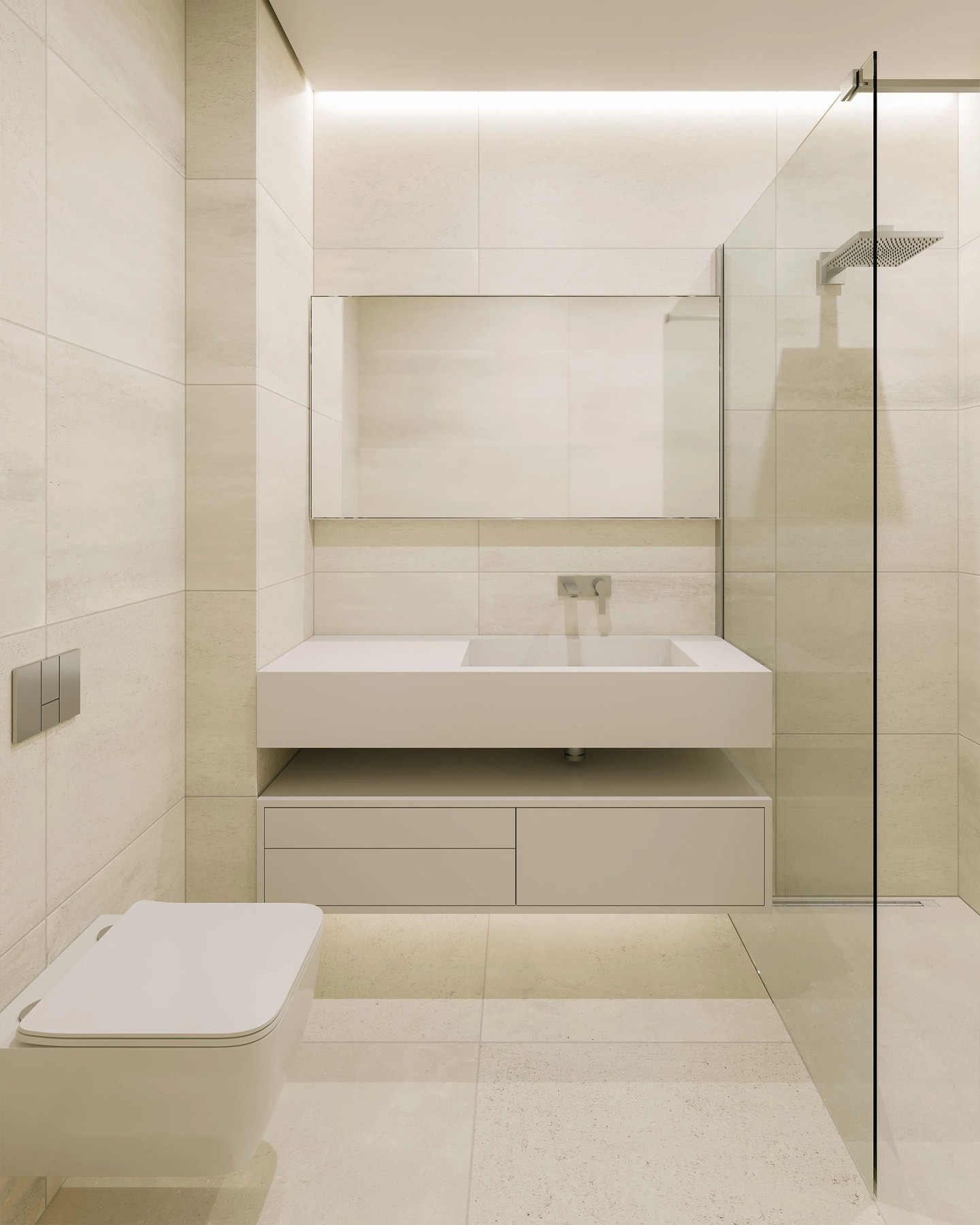 Bathroom with a floating vanity, mirror and a glass-screened shower.