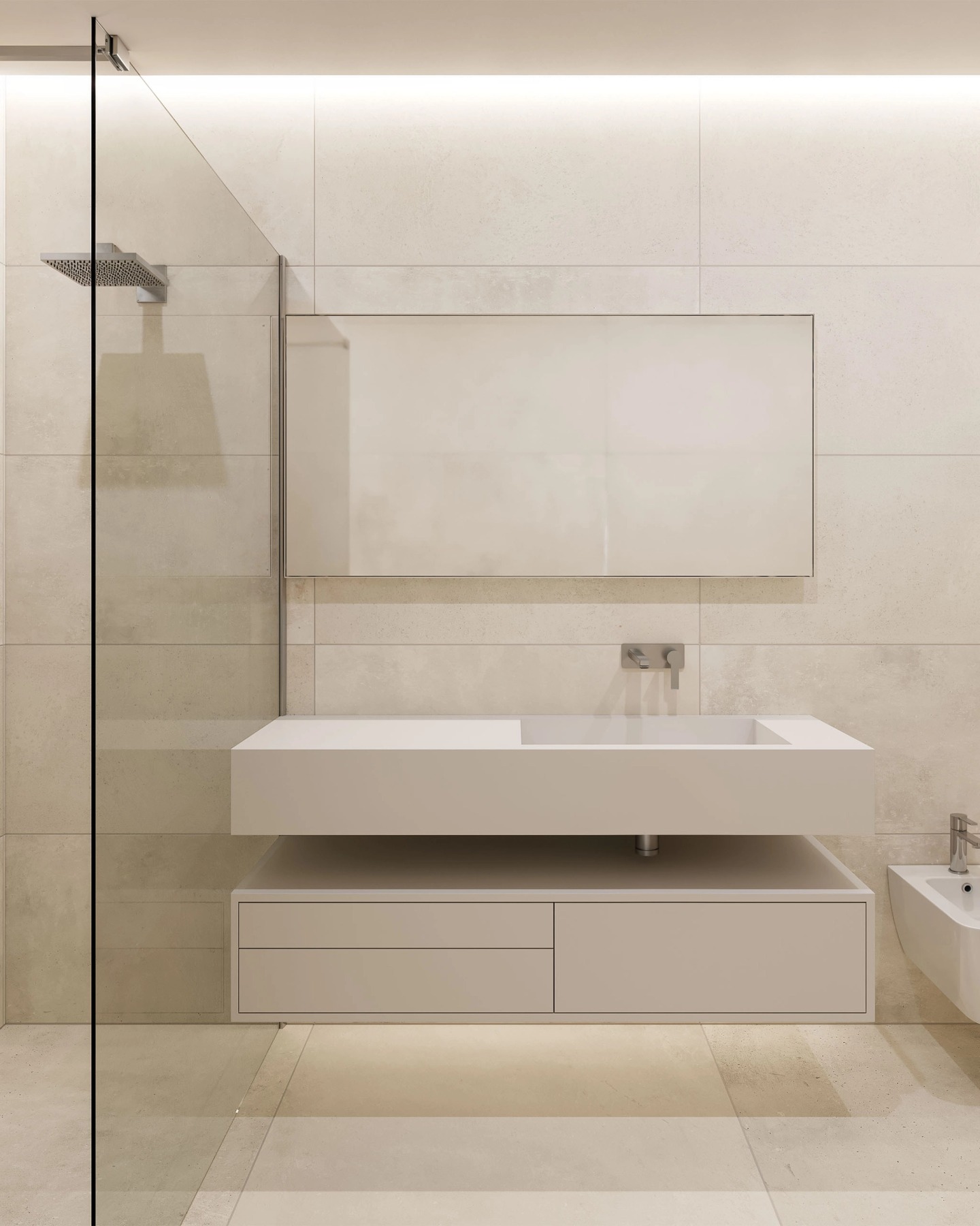 Light-toned bathroom with a glass shower and a wall-hung basin.