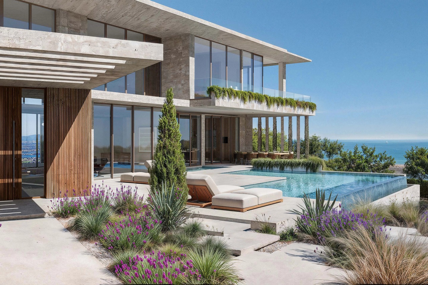 Villa Artem infinity pool with sun loungers, a lavender garden and sea views.