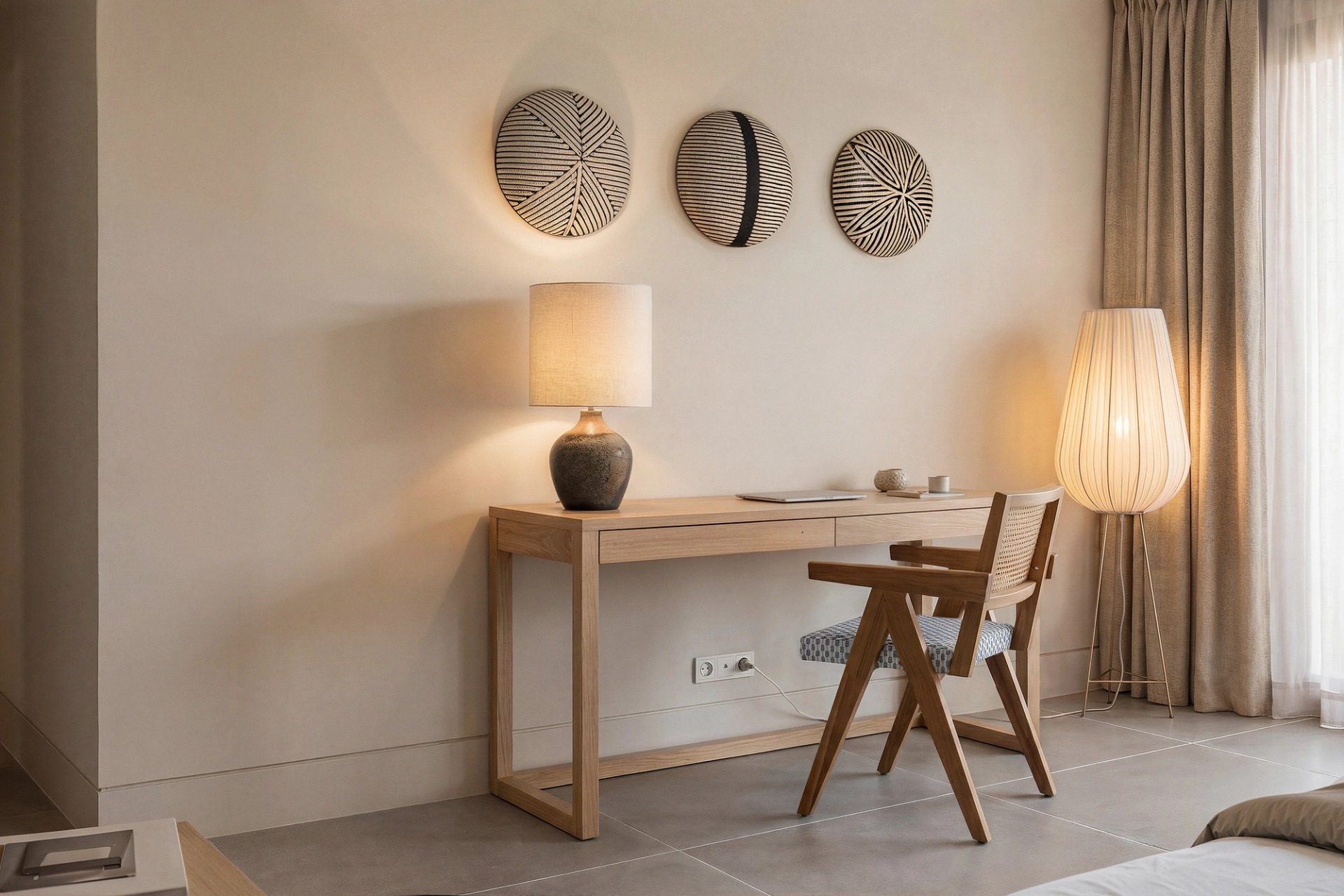 Timber desk with a table lamp, floor lamp and decorative plates on the wall of a bedroom.