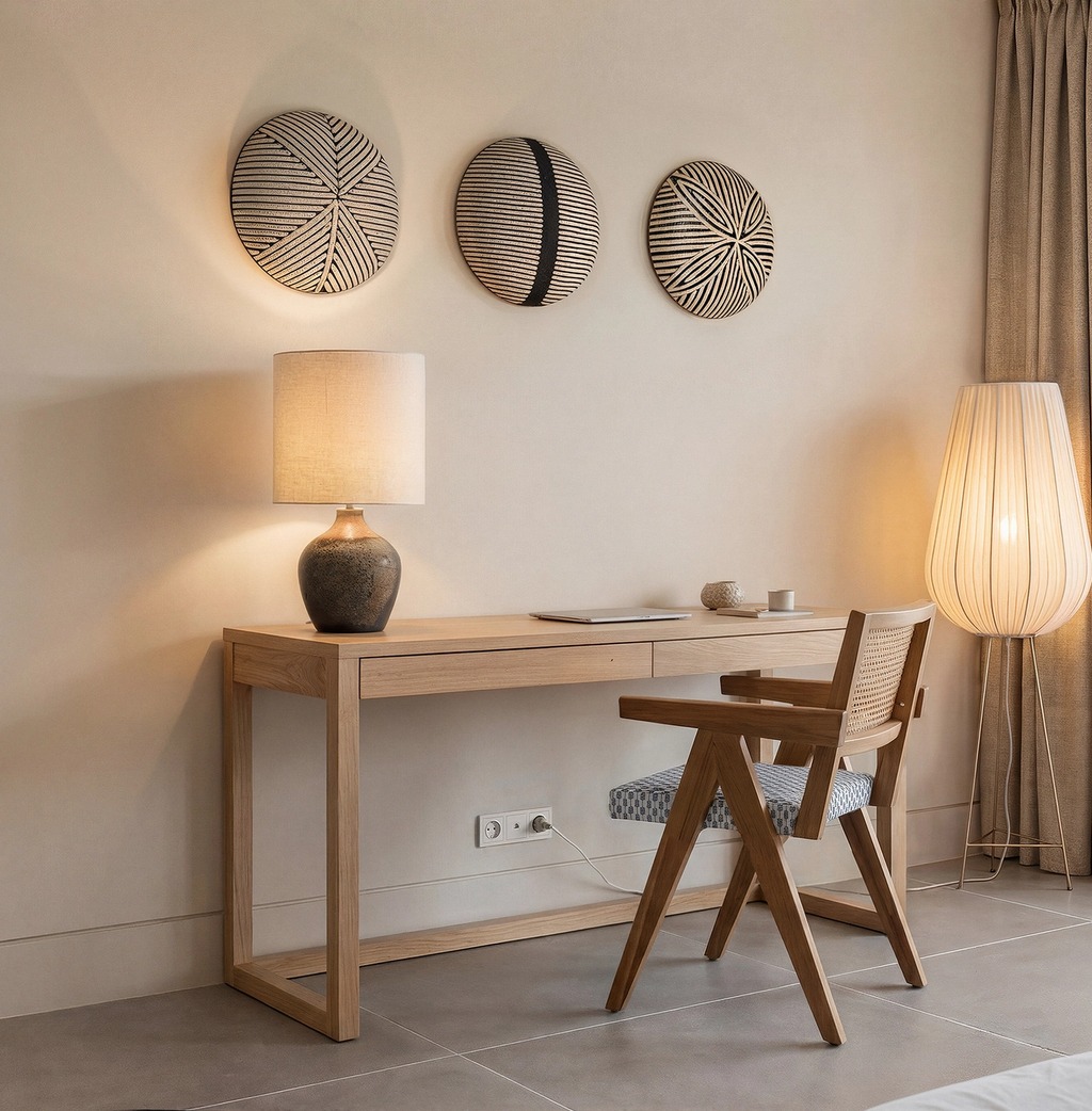 Timber desk with a table lamp, floor lamp and decorative plates on the wall of a bedroom.