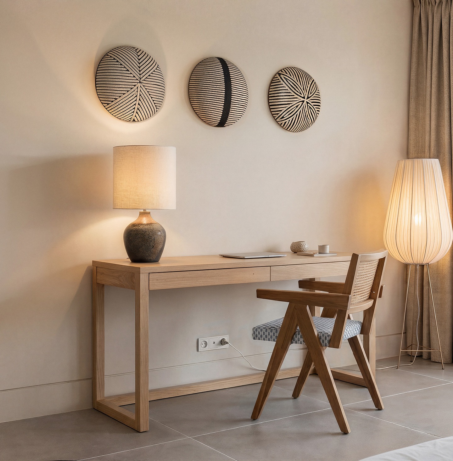 Timber desk with a table lamp, floor lamp and decorative plates on the wall of a bedroom.