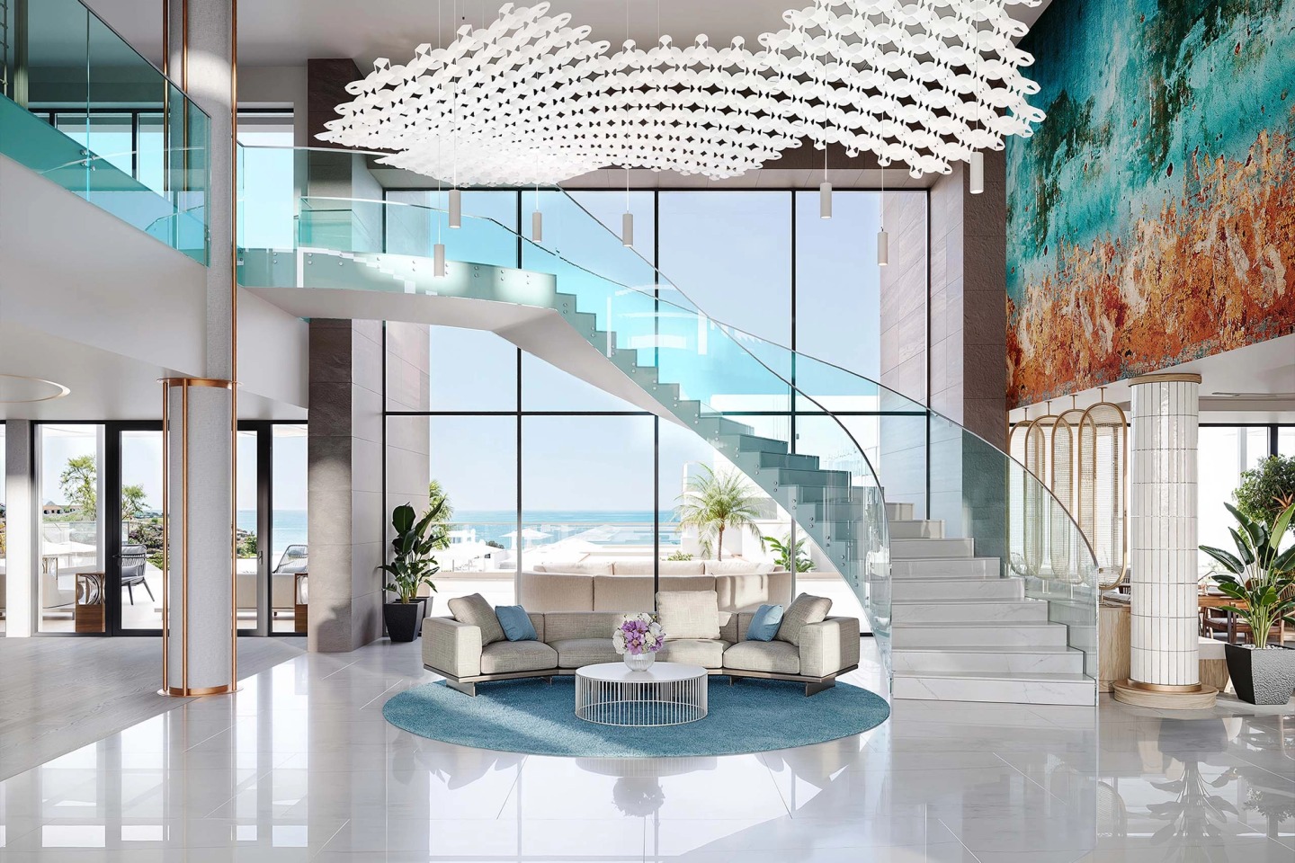 Lobby with a curved glass staircase, sculptural chandelier and a sea-toned mural, at the Wyndham Grand Carvoeiro.