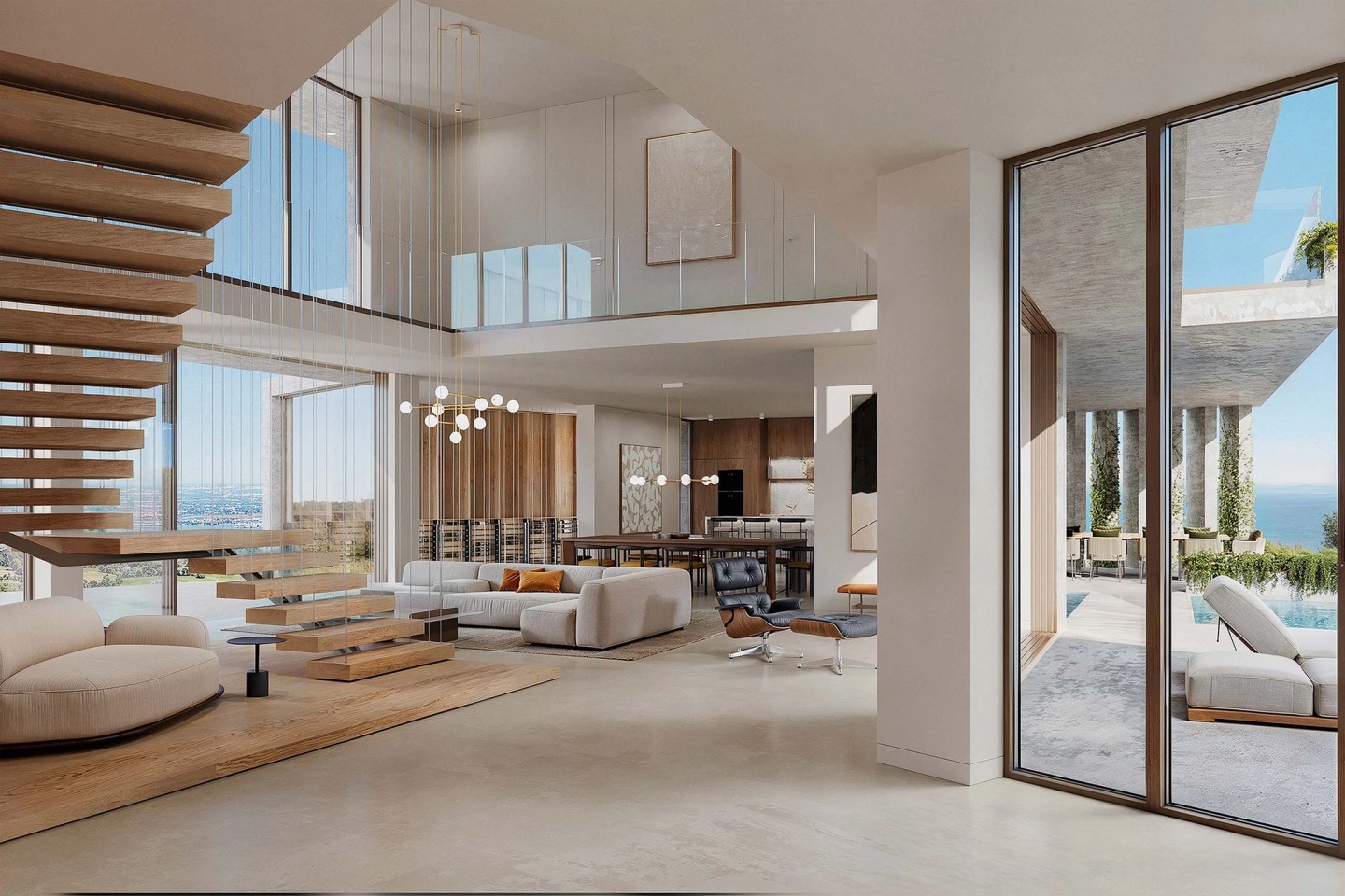 Double-height living room with a floating timber staircase and floor-to-ceiling windows, at Villa Artem.