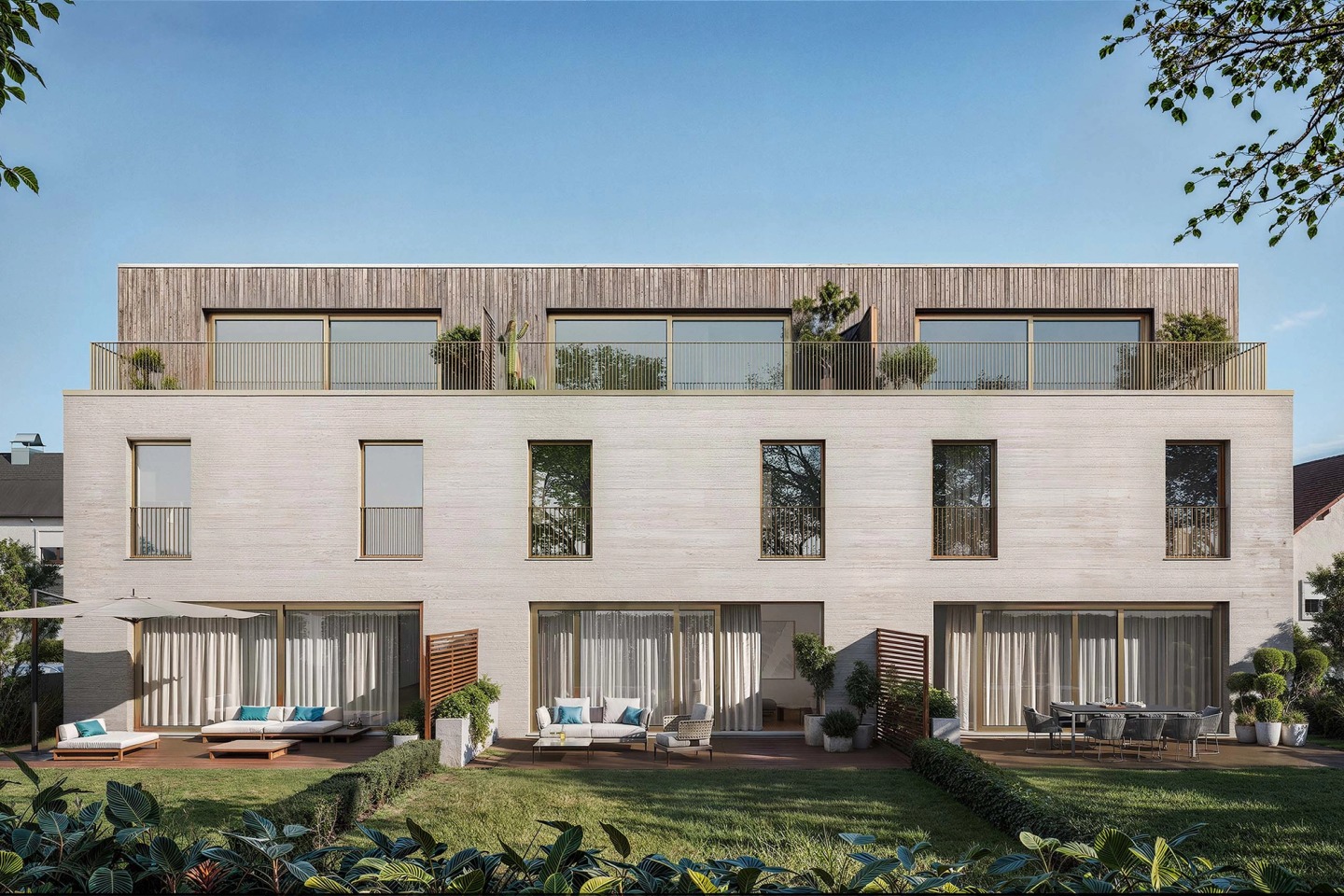Back of Jowi with private gardens, terraces with outdoor sofas and a timber-clad top floor.