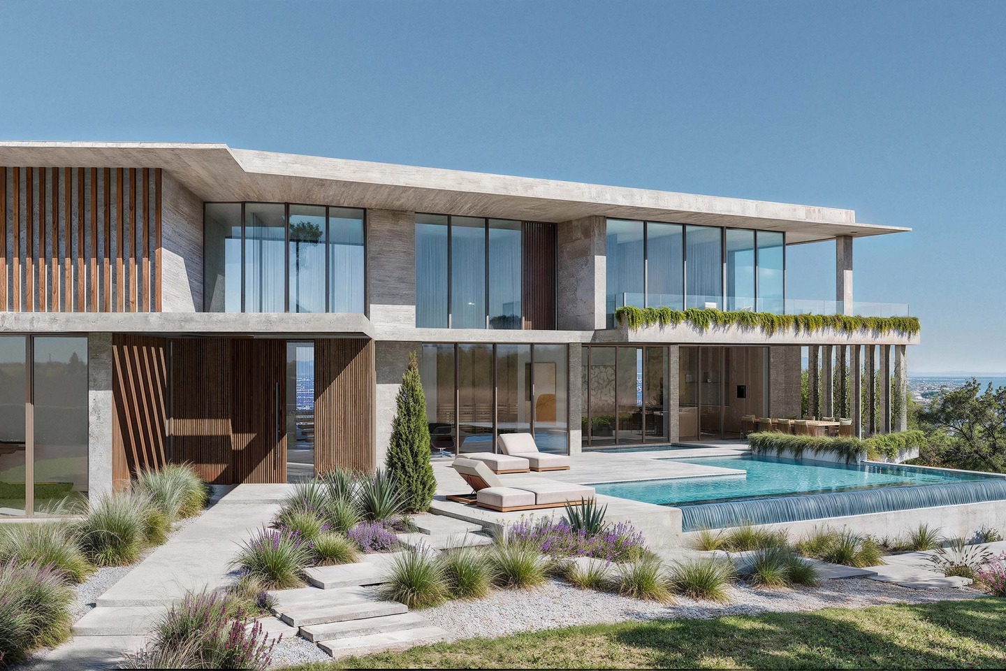 Villa Artem in Lagos seen from the garden, with glass façades, an infinity pool and the sea beyond.
