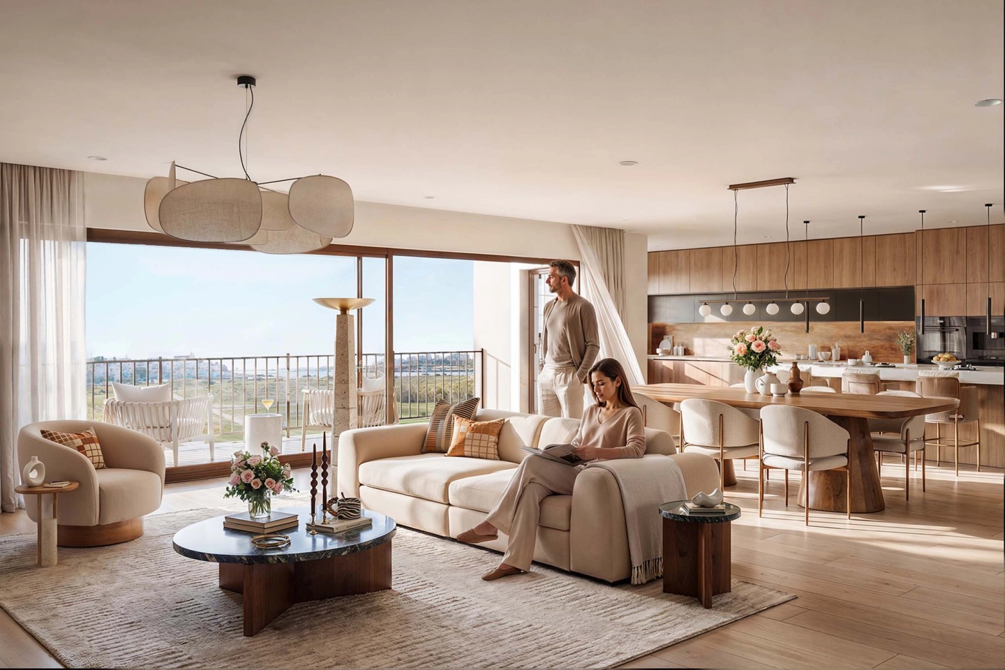 Bright living room with an open kitchen and a balcony overlooking the river in Ferragudo.