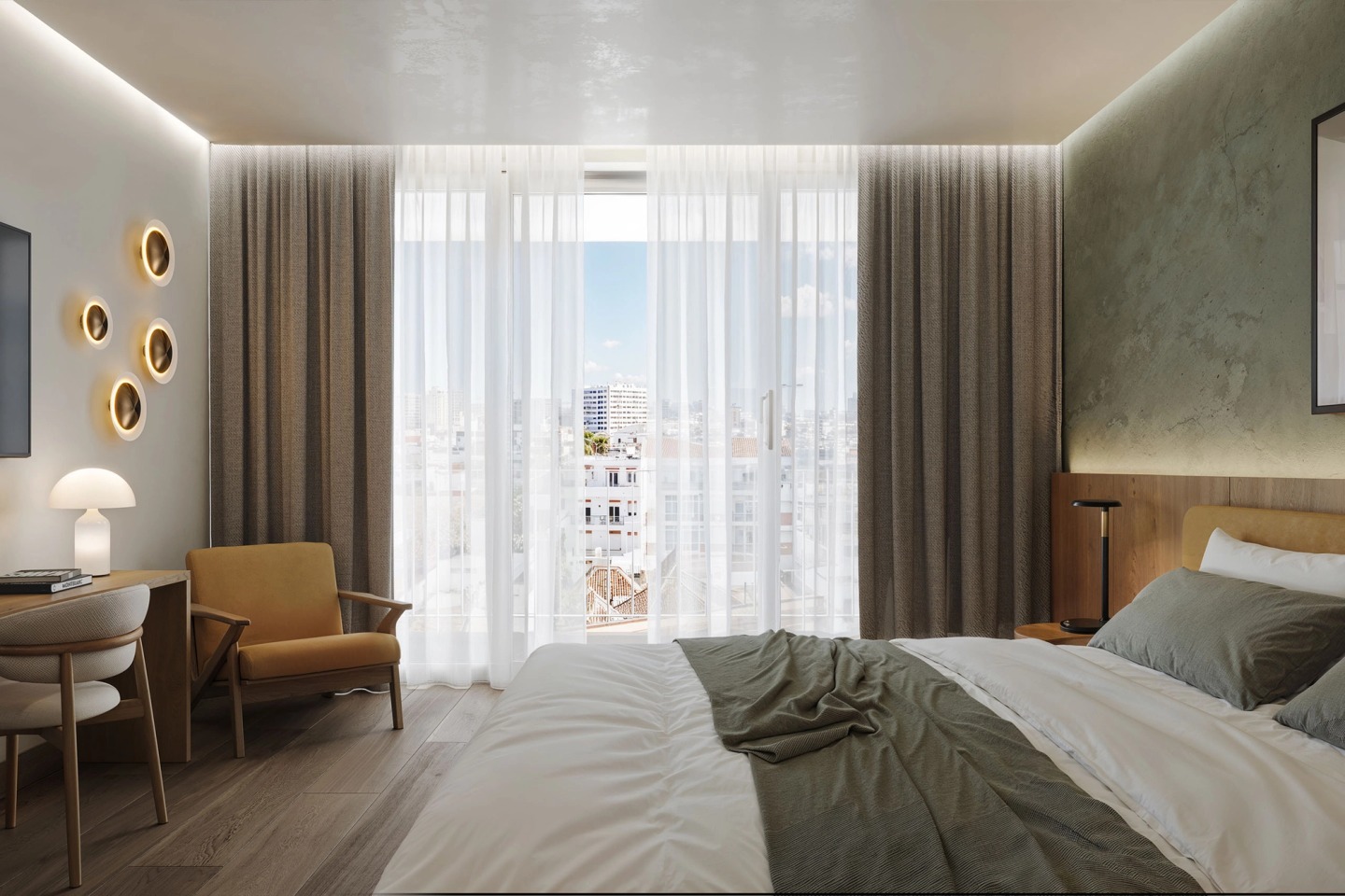 Hotel bedroom with a double bed, timber armchair and a balcony overlooking Faro.