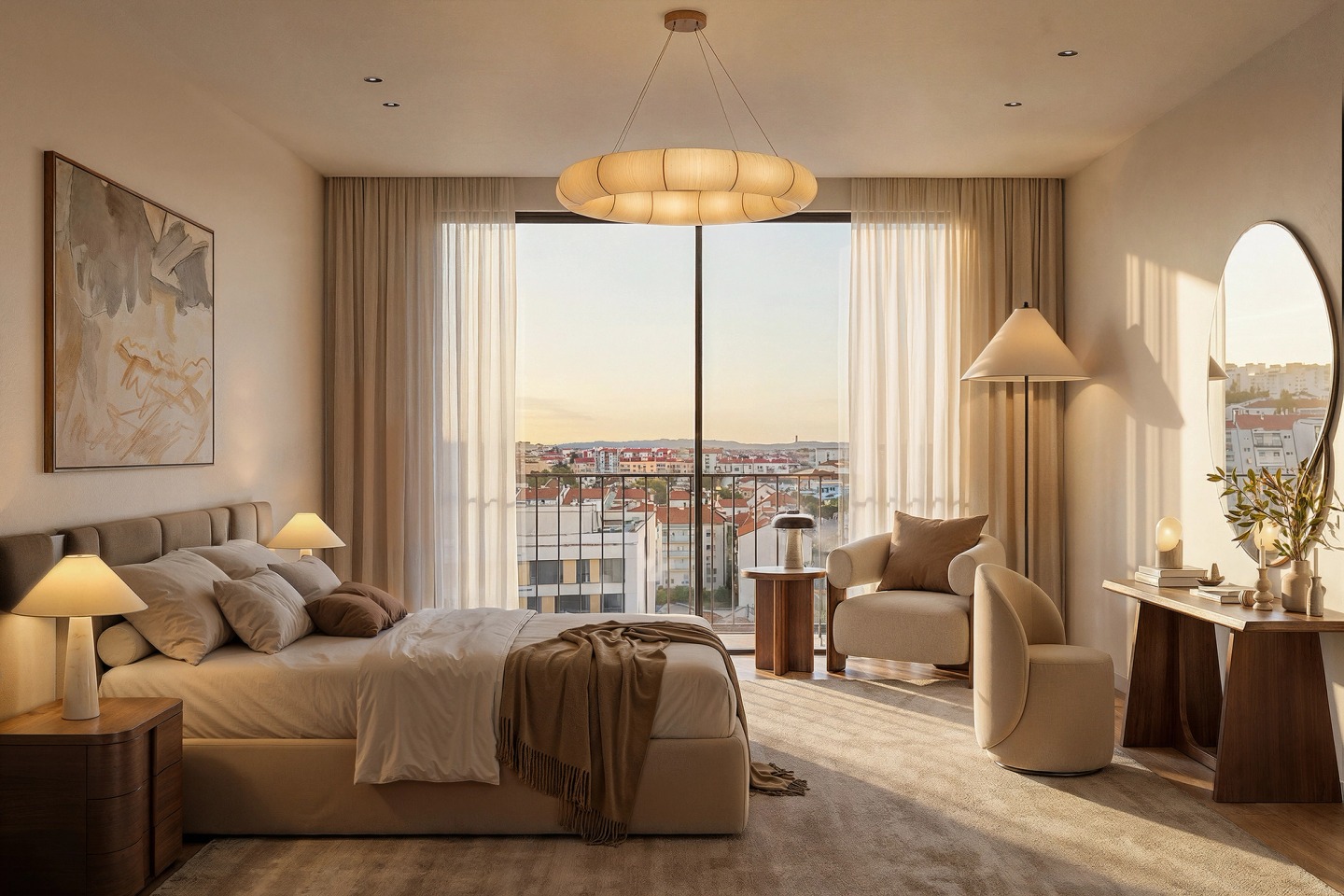 Main bedroom in neutral tones with a double bed, armchair and a window over the city.