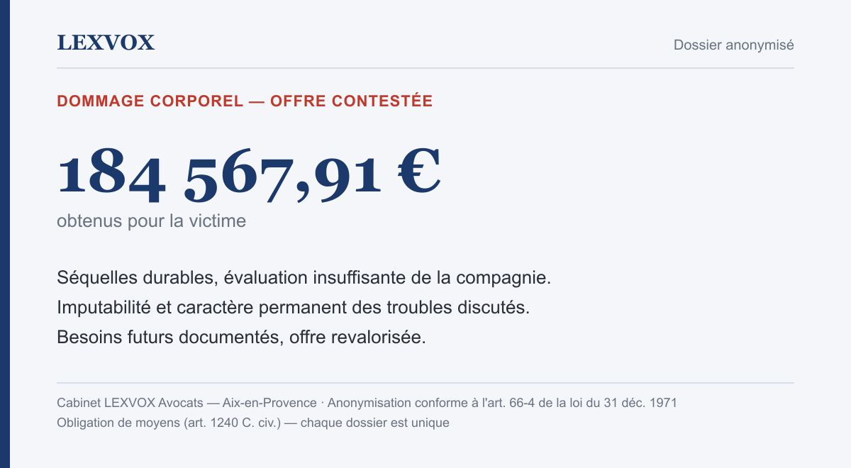 Infographie — indemnisation de 184 567,91 € après contestation de l'offre d'une compagnie
