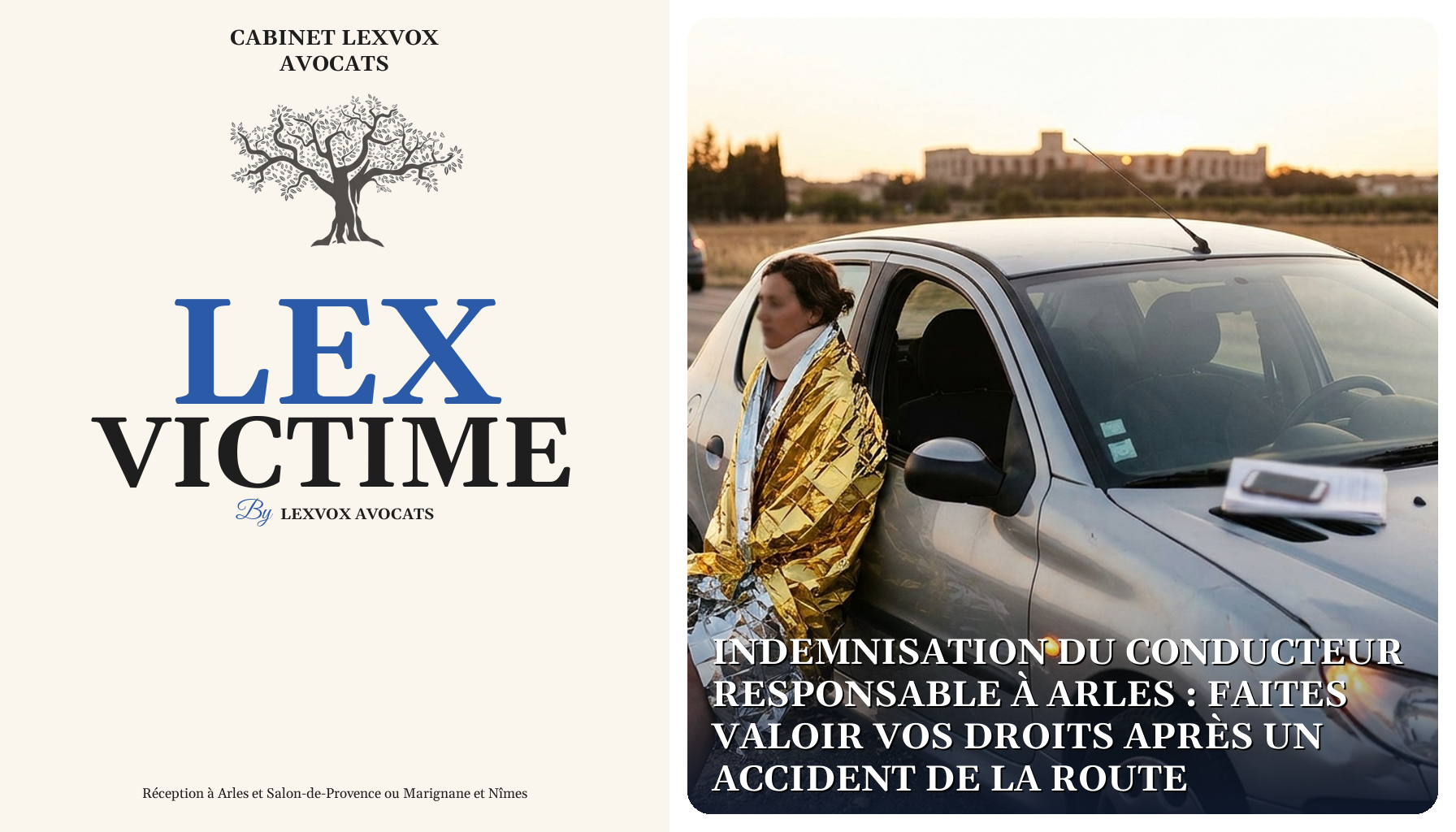 Une femme avec minerve et couverture de survie dorée, appuyée sur une voiture argentée, au crépuscule.