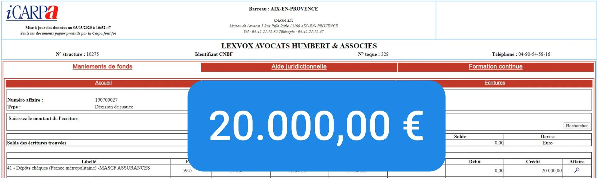 Virement CARPA de 20 000,00 € — indemnisation victime (2017)