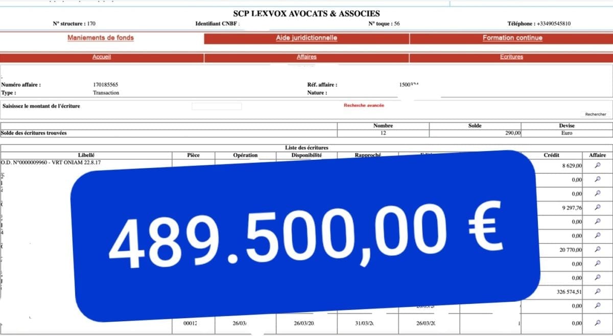 Virement CARPA de 489 500,00 € — indemnisation victime (2020) — règlement ONIAM — erreur médicale
