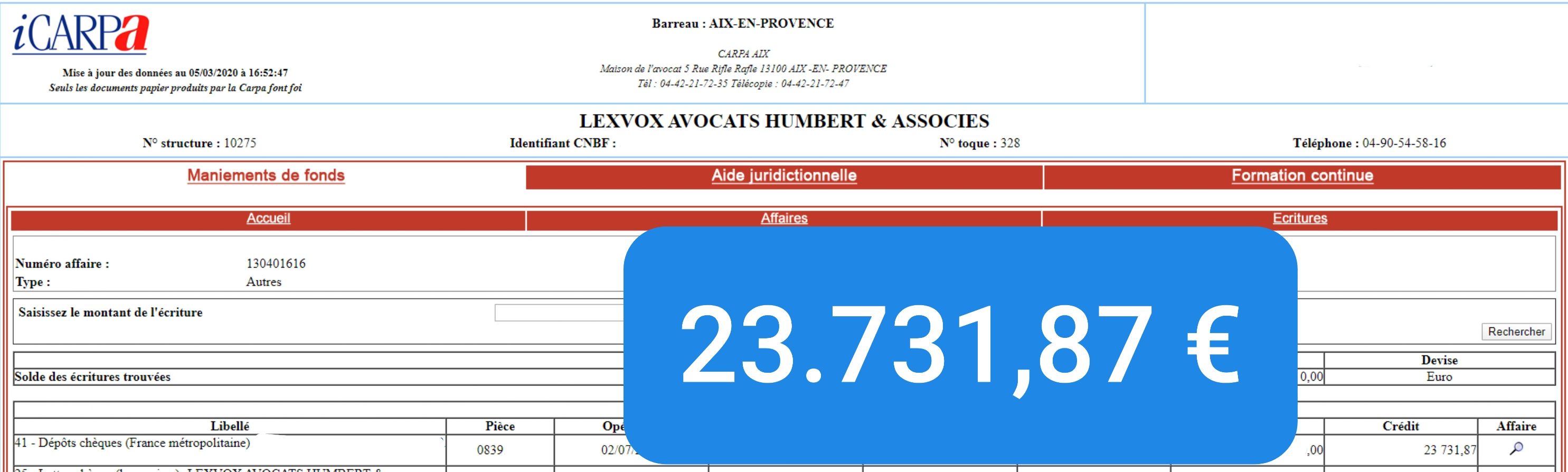 Virement CARPA de 23 731,87 € — indemnisation victime (2019)