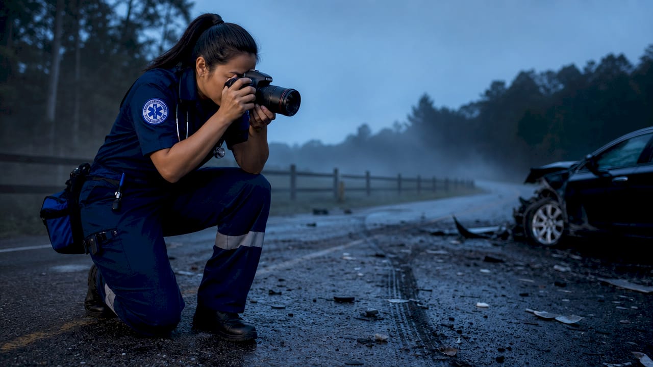 Une ambulancière prend des photos sur les lieux de l’accident.