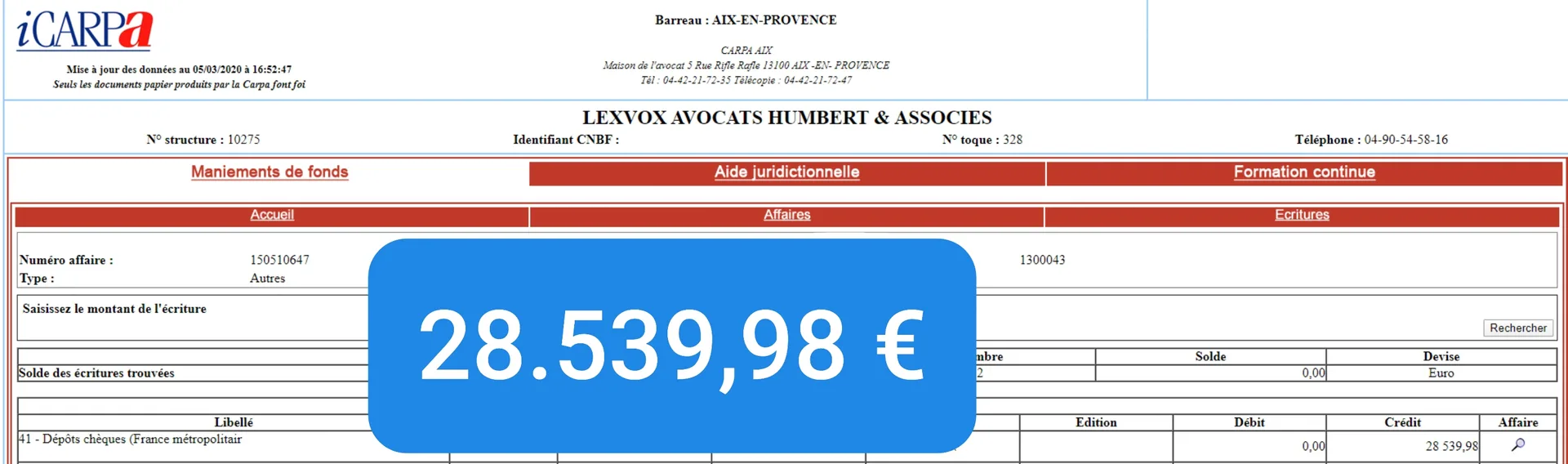 Virement CARPA de 28 539,98 € — indemnisation victime (2019)