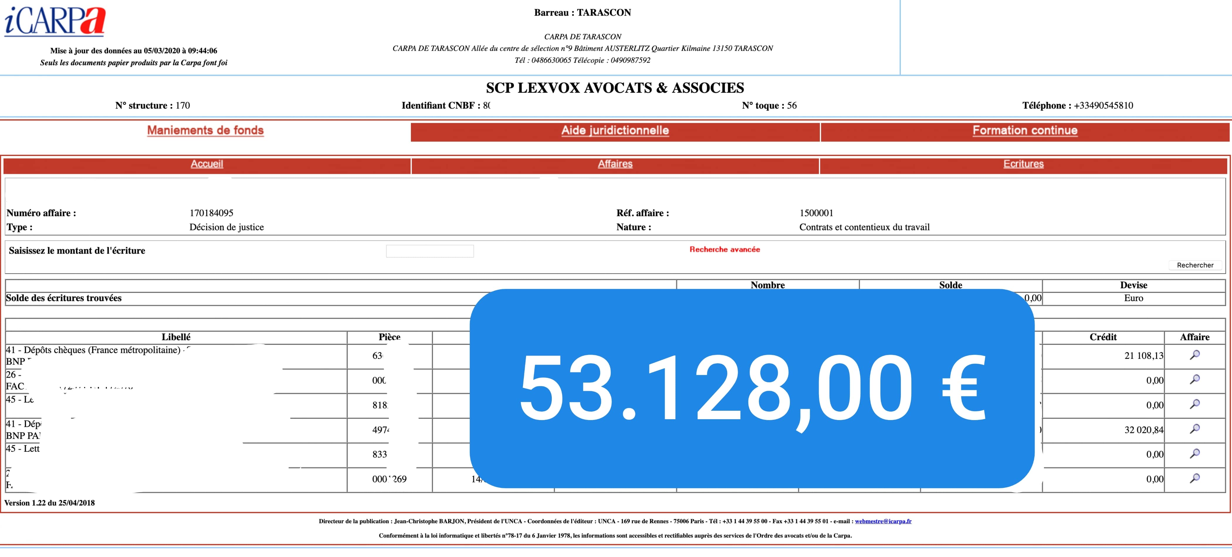 Virement CARPA de 53 128,00 € — indemnisation victime (2019) — décision de justice