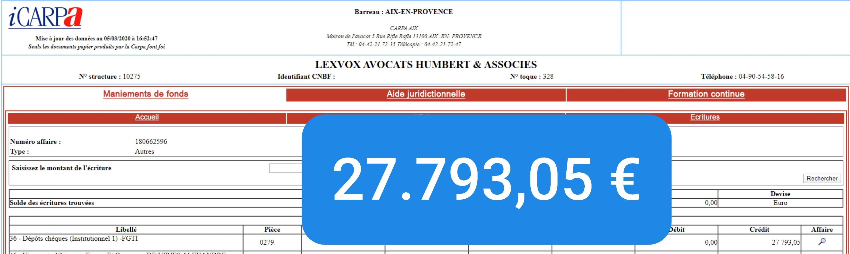Virement CARPA de 27 793,05 € — indemnisation victime (2016) — règlement FGTI (fonds de garantie)