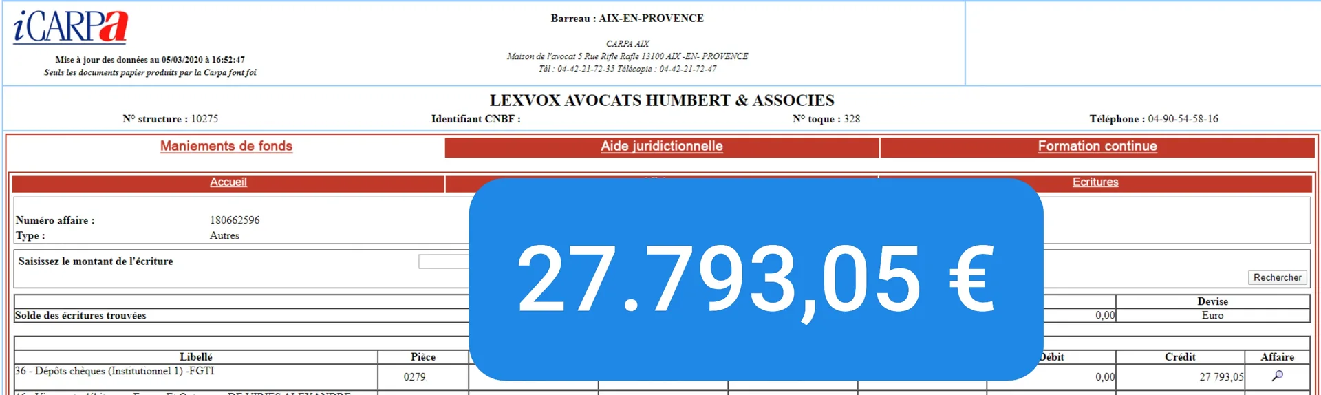 Virement CARPA de 27 793,05 € — indemnisation victime (2016) — règlement FGTI (fonds de garantie)
