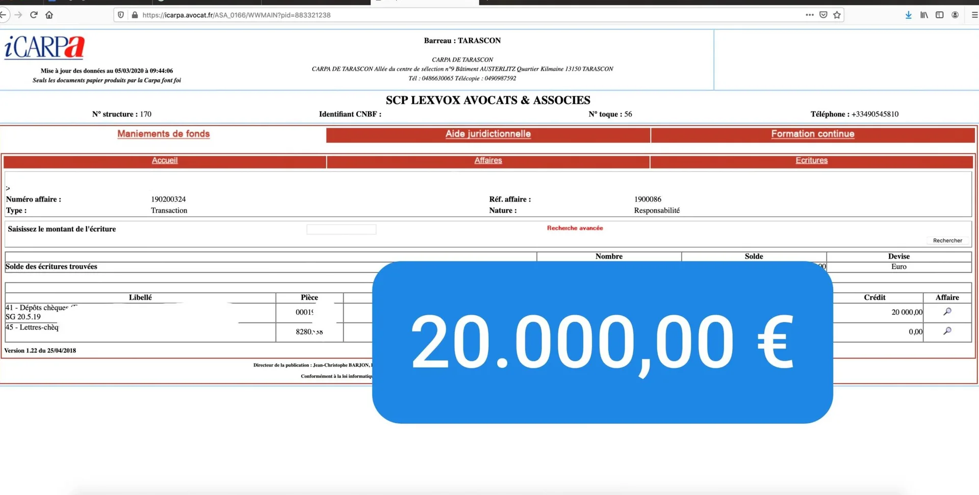 Virement CARPA de 20 000,00 € — indemnisation victime (2018) — transaction — responsabilité