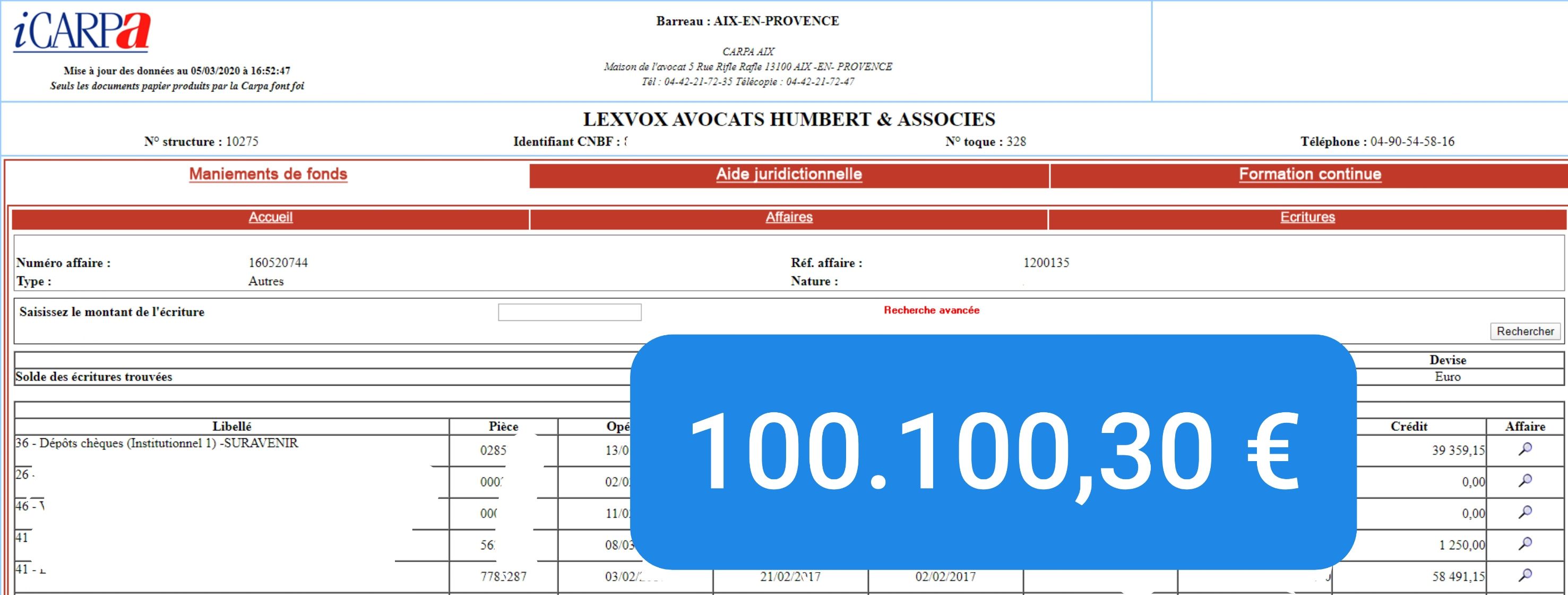 Virement CARPA de 100 100,30 € — indemnisation victime (2017)