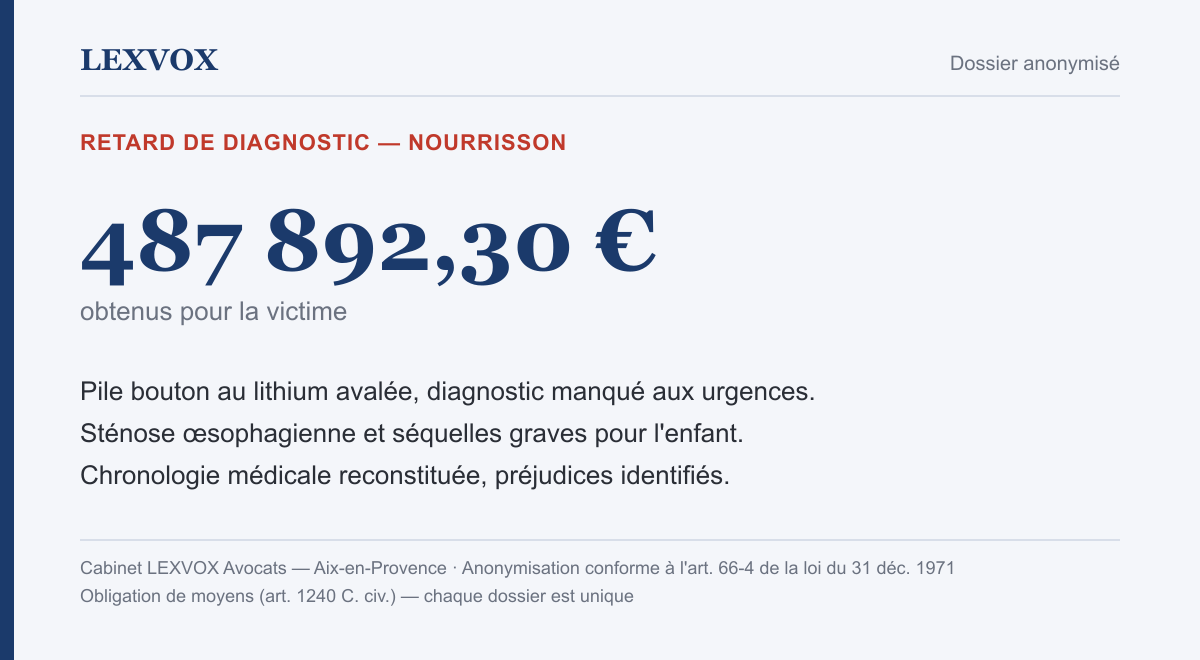 Infographie — indemnisation de 487 892,30 € pour un retard de diagnostic après ingestion d'une pile au lithium par un nourrisson