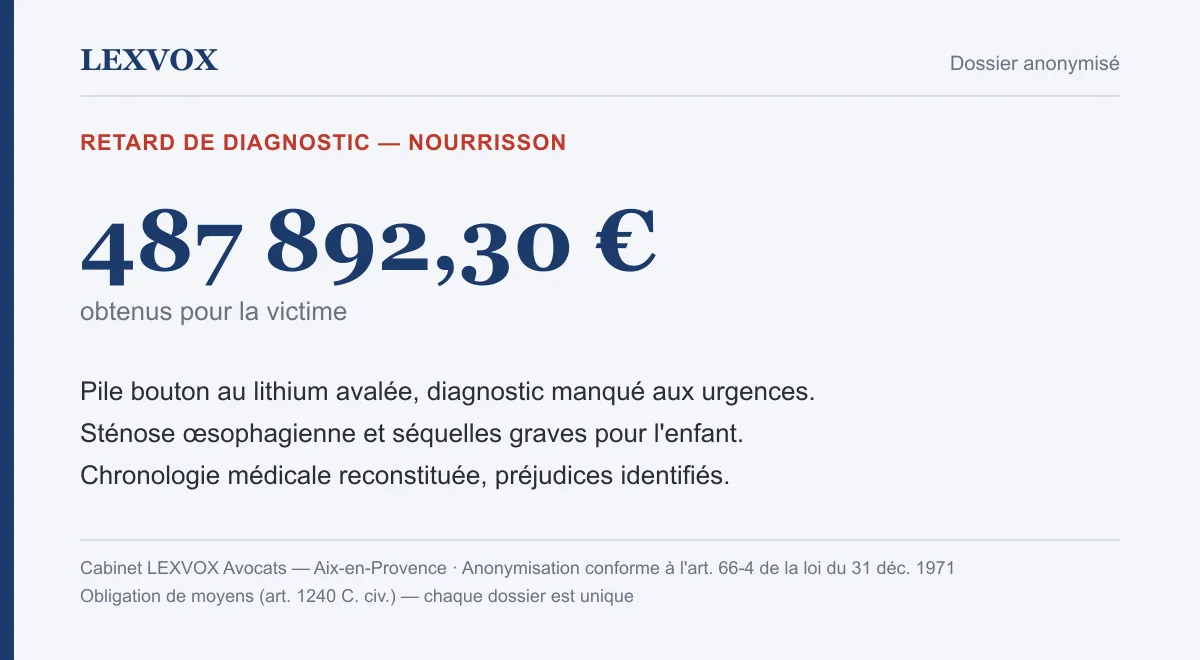 Infographie — indemnisation de 487 892,30 € pour un retard de diagnostic après ingestion d'une pile au lithium par un nourrisson