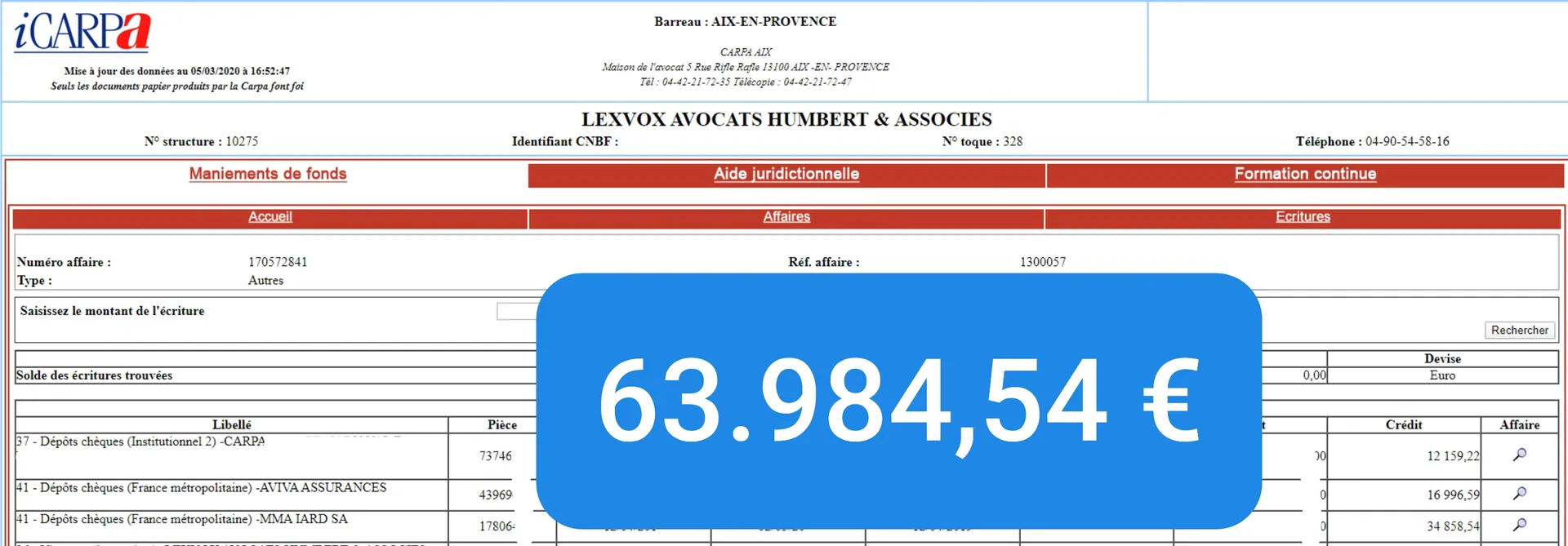 Virement CARPA de 63 984,54 € — indemnisation victime (2019)
