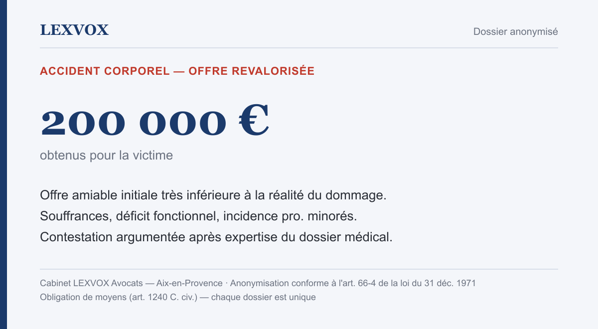 Infographie — indemnisation de 200 000 € après contestation d'une offre insuffisante suite à un accident corporel