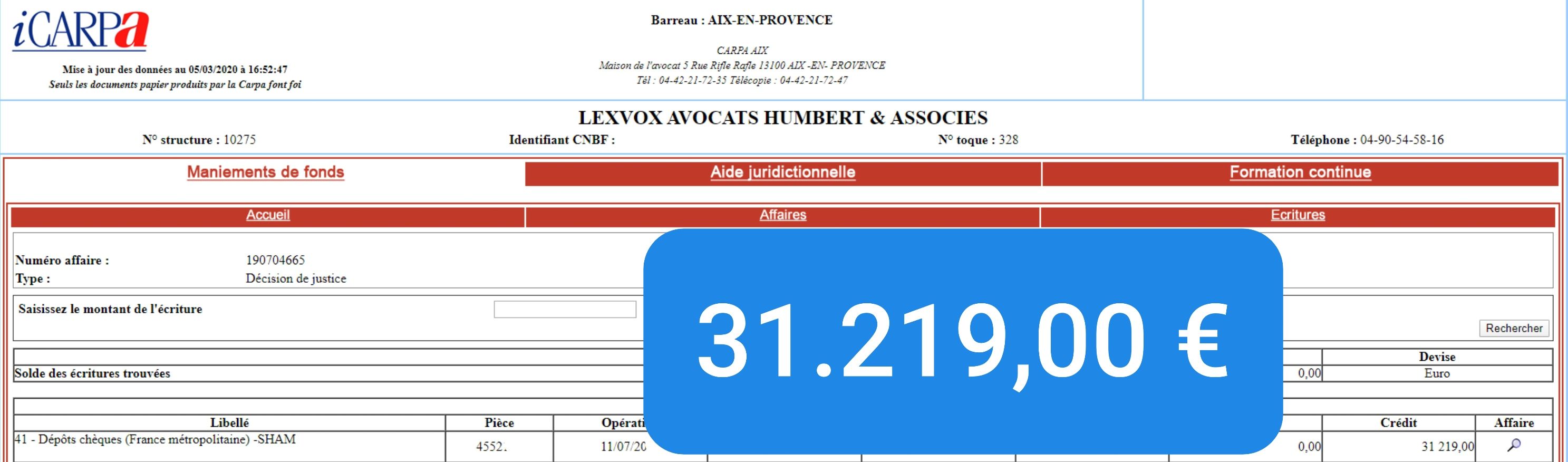 Virement CARPA de 31 219,00 € — indemnisation victime (2018) — décision de justice