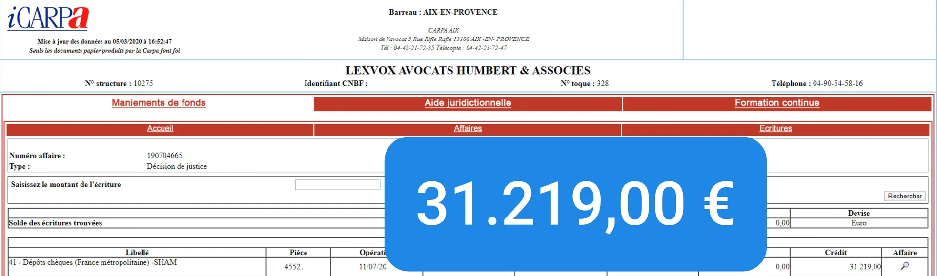 Virement CARPA de 31 219,00 € — indemnisation victime (2018) — décision de justice