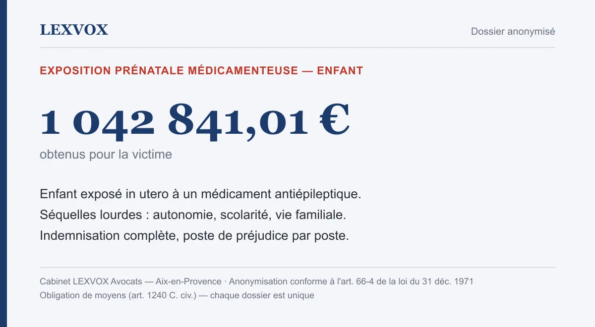 Infographie — indemnisation de 1 042 841,01 € pour un enfant victime d'une exposition prénatale à un médicament antiépileptique