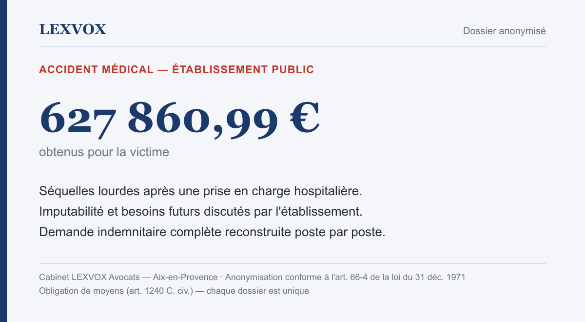 Infographie — indemnisation de 627 860,99 € après un accident médical grave dans un établissement public