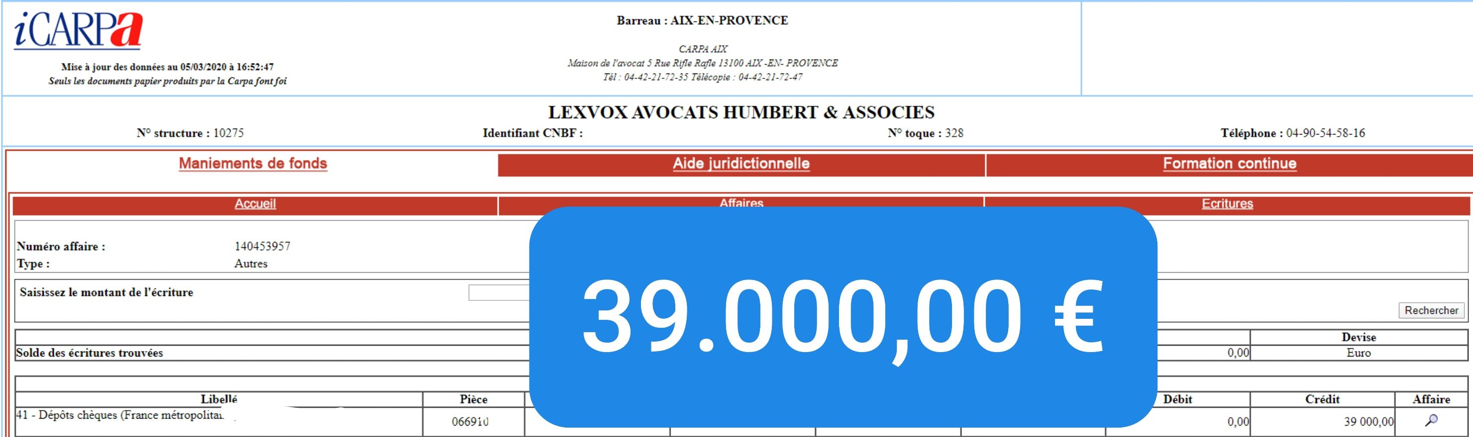Virement CARPA de 39 000,00 € — indemnisation victime (2017)