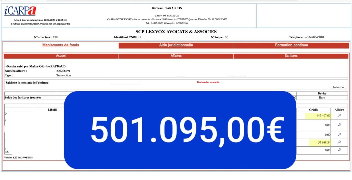 Virement CARPA de 501 095,00 € — indemnisation victime (2020) — transaction — dommage corporel