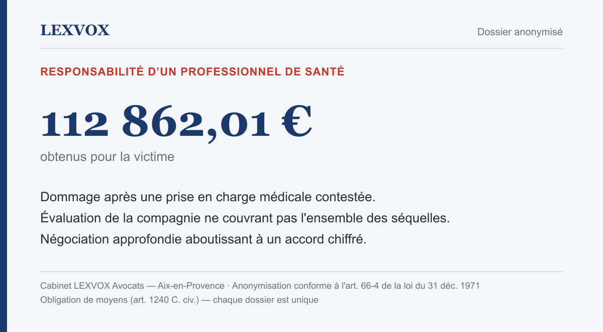 Infographie — indemnisation de 112 862,01 € pour la responsabilité d'un professionnel de santé