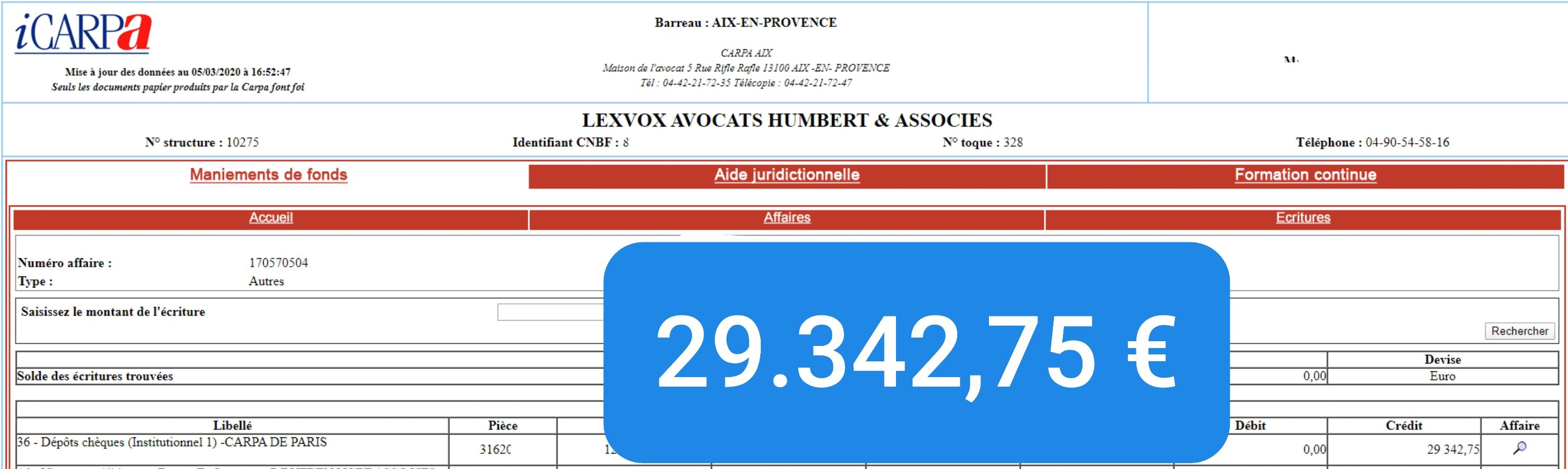 Virement CARPA de 29 342,75 € — indemnisation victime (2018)