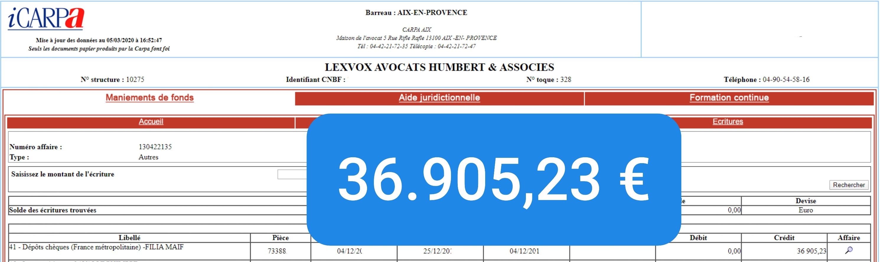 Virement CARPA de 36 905,23 € — indemnisation victime (2016)