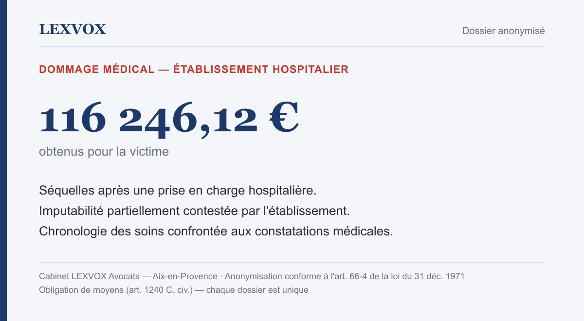 Infographie — indemnisation de 116 246,12 € pour un dommage médical dans un établissement hospitalier
