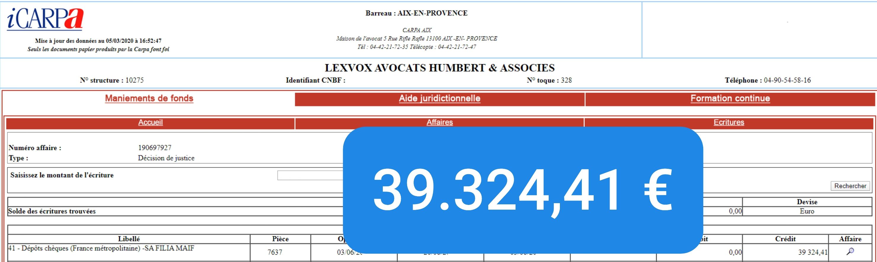 Virement CARPA de 39 324,41 € — indemnisation victime (2017) — décision de justice