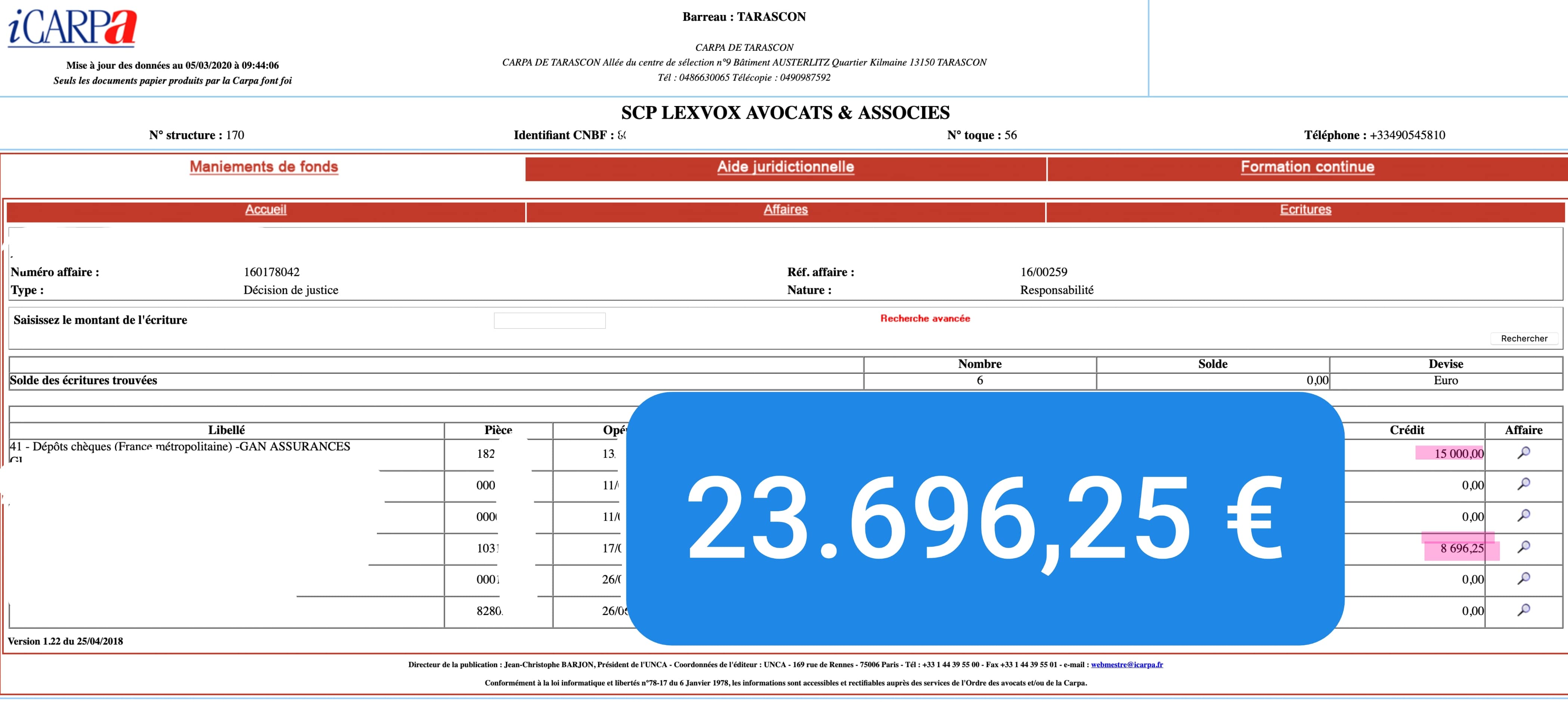 Virement CARPA de 23 696,25 € — indemnisation victime (2018) — décision de justice — responsabilité
