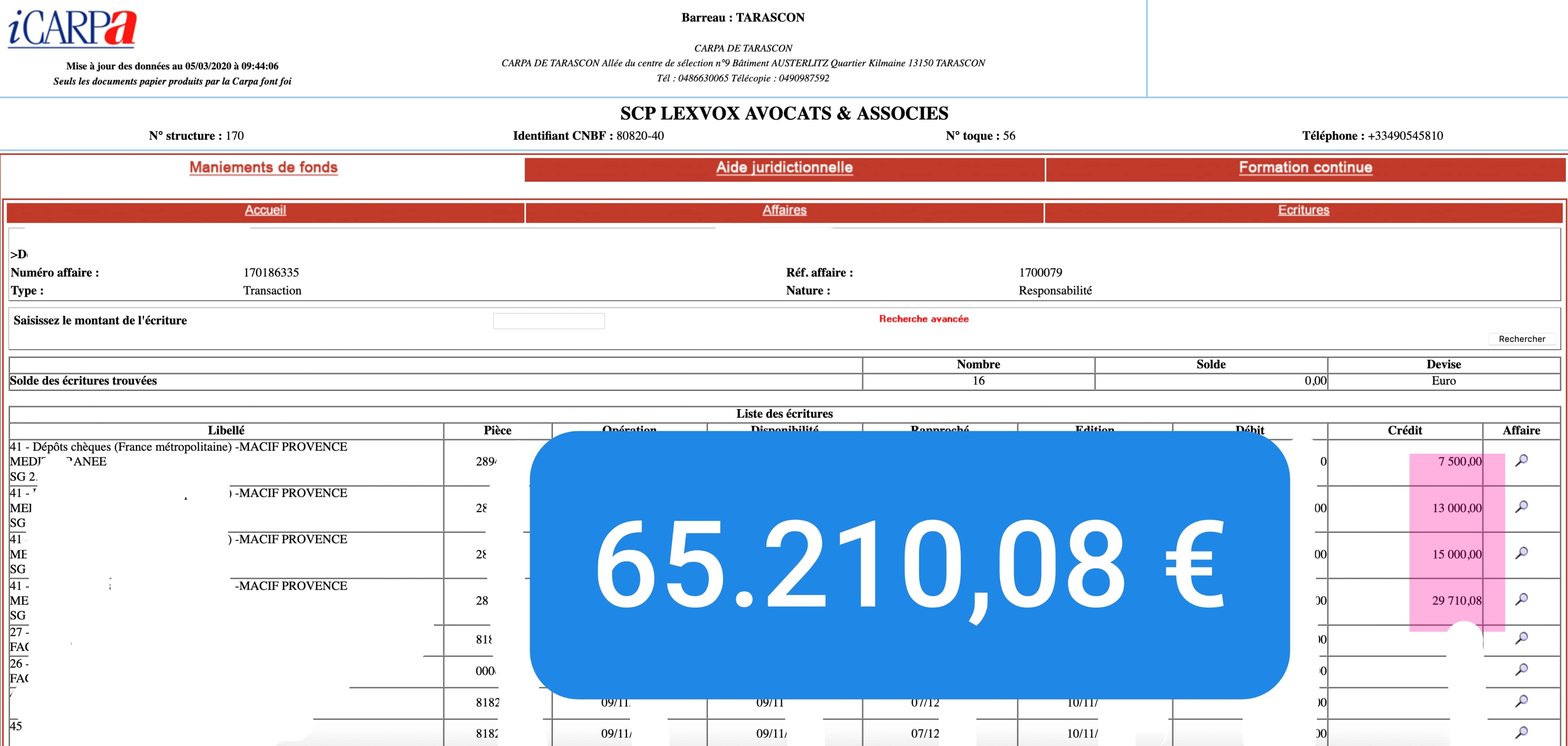 Virement CARPA de 65 210,08 € — indemnisation victime (2018) — transaction — responsabilité