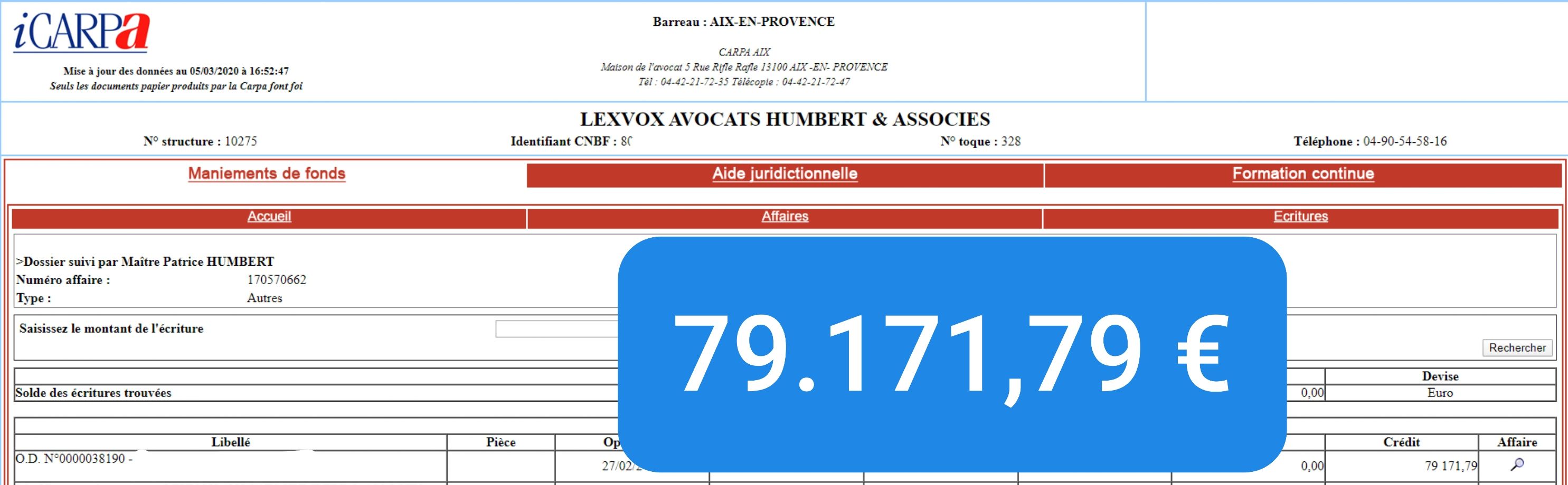 Virement CARPA de 79 171,79 € — indemnisation victime (2017)