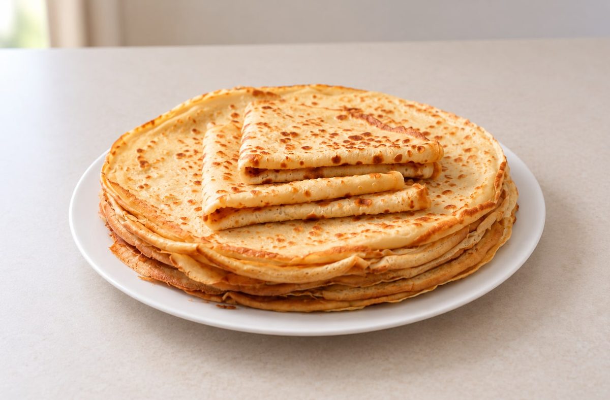 A stack of thin golden crêpes on a white plate, with two folded into quarters on top.